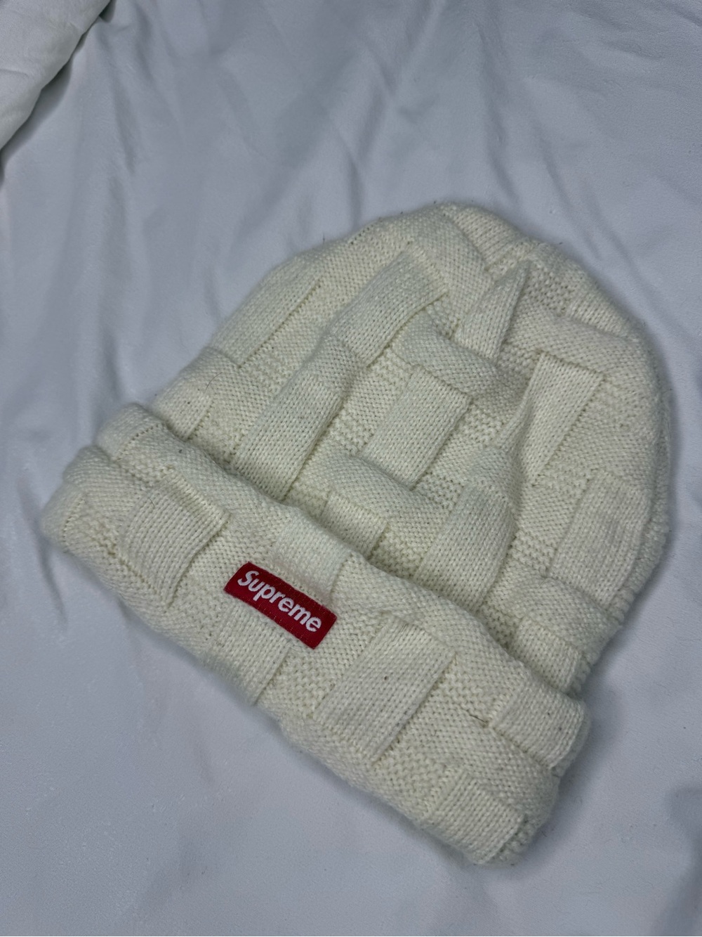 Authentic Supreme Cream Cable Knit Kids Beanie with Red Logo